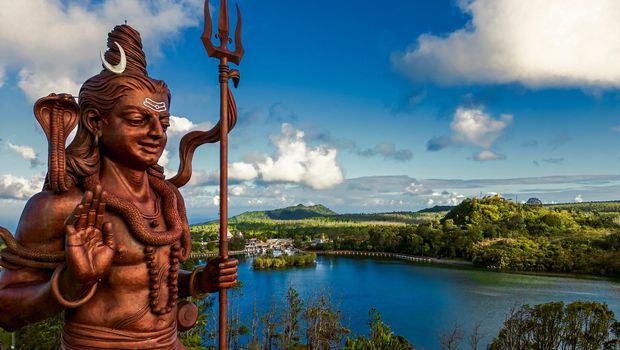 Shiv statue over the Grand Bassin lake in Mauritius
